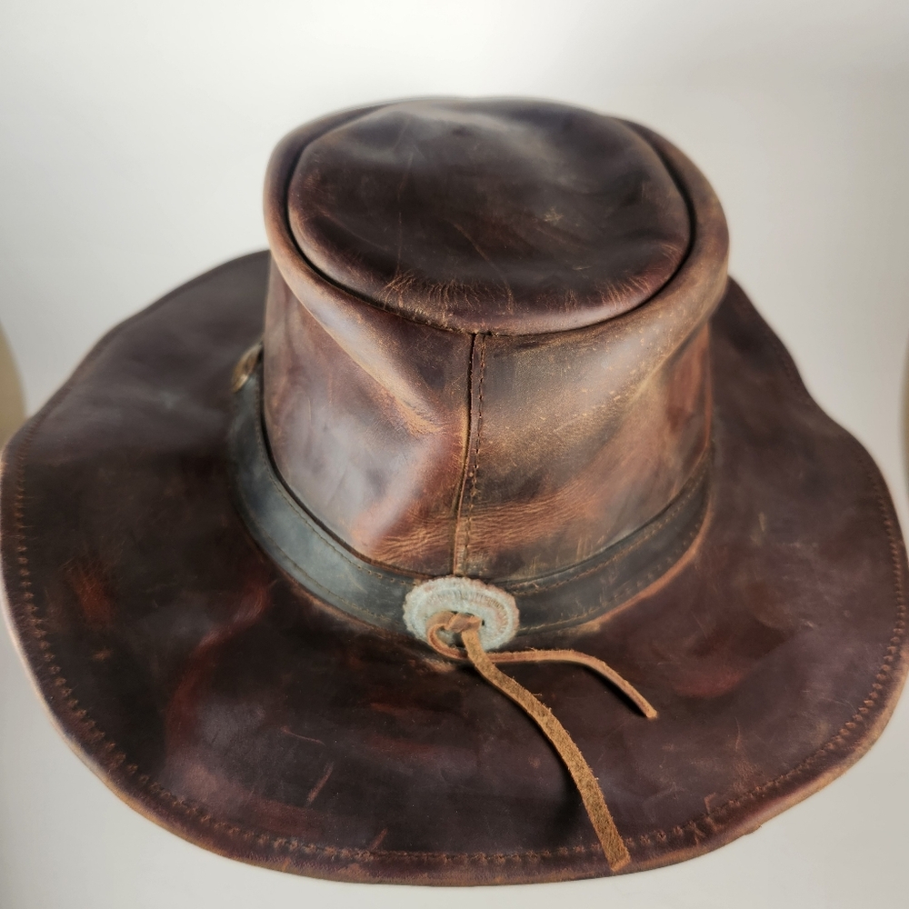 OUTBACK TRADING CO Cowboy Hat Men's Medium Brown Oiled Leather Cheyenne Western - Picture 11 of 12